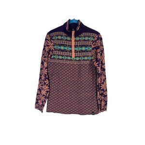 Neve Women Medium Wool Blend 1/4 Zip Sweater Geo Apres Ski Nordic Cozy Snowflake